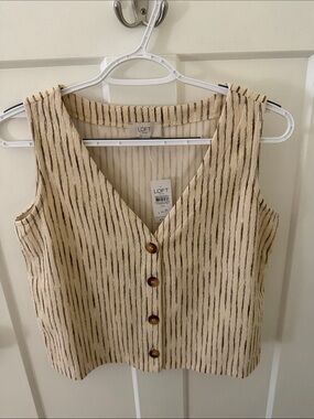 LOFT Cream and Brown Striped V-Neck Button Crop Top